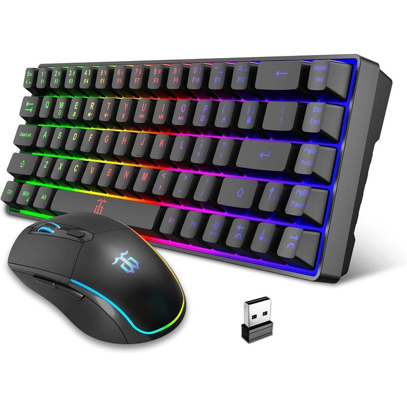 Snpurdiri 65% Wireless Gaming Keyboard and Mouse Combo,Led Backlit Rechargeable 2000Mah Battery,Small Membrane but Mechanical Keyboard + 6D 3200DPI Mice for Gaming,Business Office