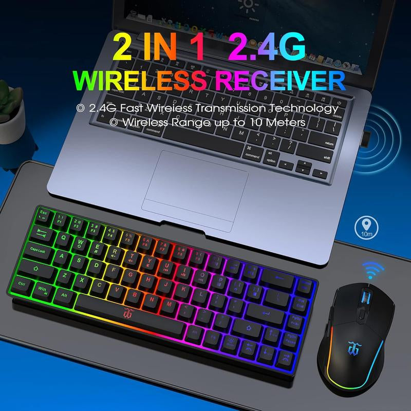 Snpurdiri 65% Wireless Gaming Keyboard and Mouse Combo,Led Backlit Rechargeable 2000Mah Battery,Small Membrane but Mechanical Keyboard + 6D 3200DPI Mice for Gaming,Business Office