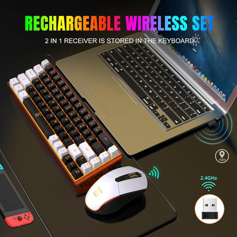 Snpurdiri 65% Wireless Gaming Keyboard and Mouse Combo,Led Backlit Rechargeable 2000Mah Battery,Small Membrane but Mechanical Keyboard + 6D 3200DPI Mice for Gaming,Business Office