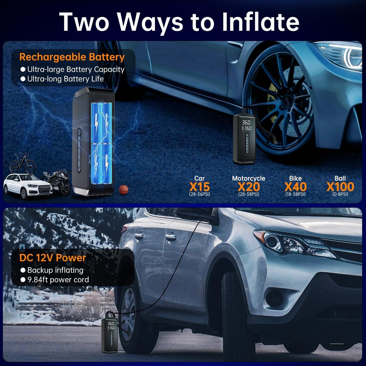 Tire Inflator Portable Air Compressor-4X Faster 150 PSI -Rechargeable Battery & 12V DC Dual Power Supply, Smart Air Pump for Car Motorcycle Bicycle Ball with LED SOS Lighting (Black)