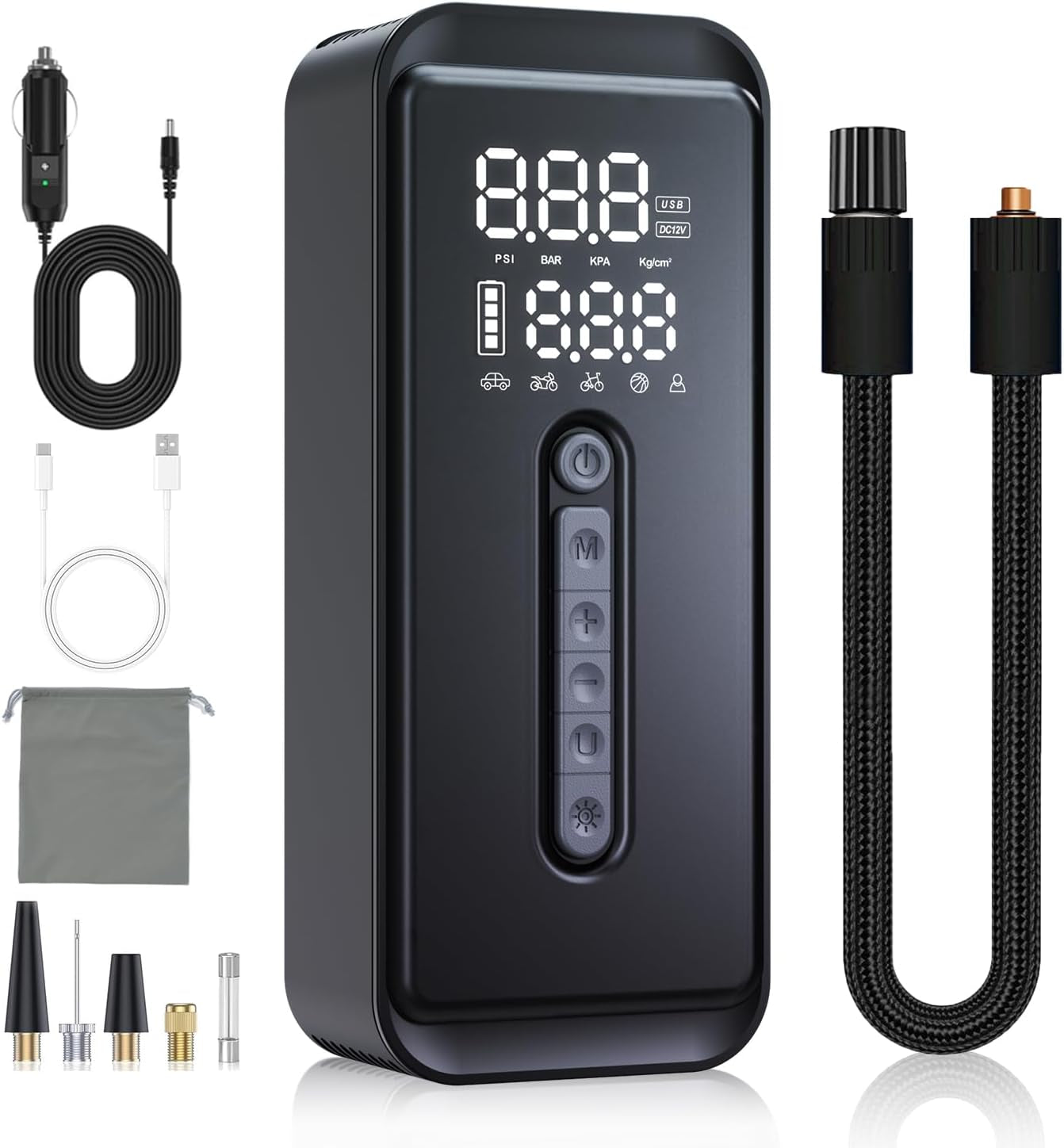 Tire Inflator Portable Air Compressor-4X Faster 150 PSI -Rechargeable Battery & 12V DC Dual Power Supply, Smart Air Pump for Car Motorcycle Bicycle Ball with LED SOS Lighting (Black)