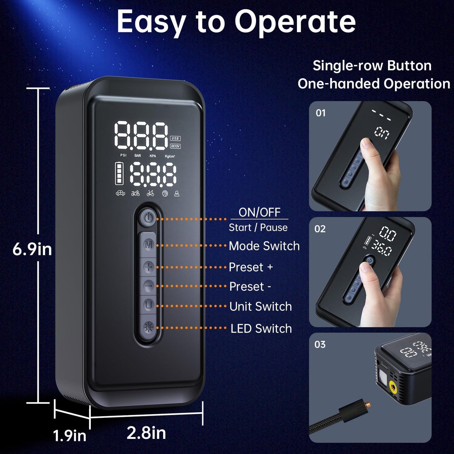 Tire Inflator Portable Air Compressor-4X Faster 150 PSI -Rechargeable Battery & 12V DC Dual Power Supply, Smart Air Pump for Car Motorcycle Bicycle Ball with LED SOS Lighting (Black)