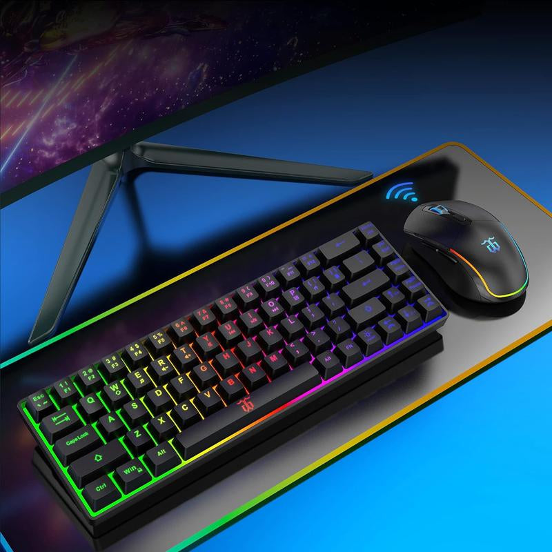 Snpurdiri 65% Wireless Gaming Keyboard and Mouse Combo,Led Backlit Rechargeable 2000Mah Battery,Small Membrane but Mechanical Keyboard + 6D 3200DPI Mice for Gaming,Business Office
