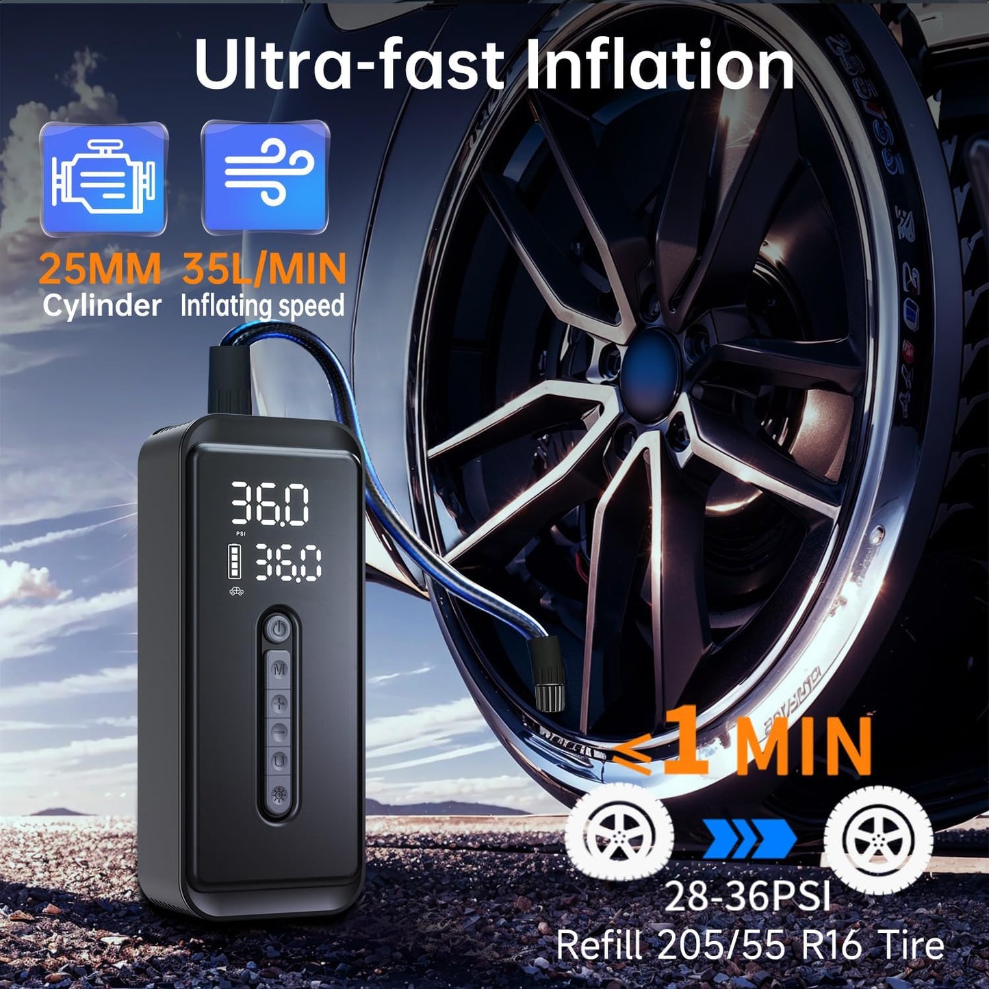 Tire Inflator Portable Air Compressor-4X Faster 150 PSI -Rechargeable Battery & 12V DC Dual Power Supply, Smart Air Pump for Car Motorcycle Bicycle Ball with LED SOS Lighting (Black)