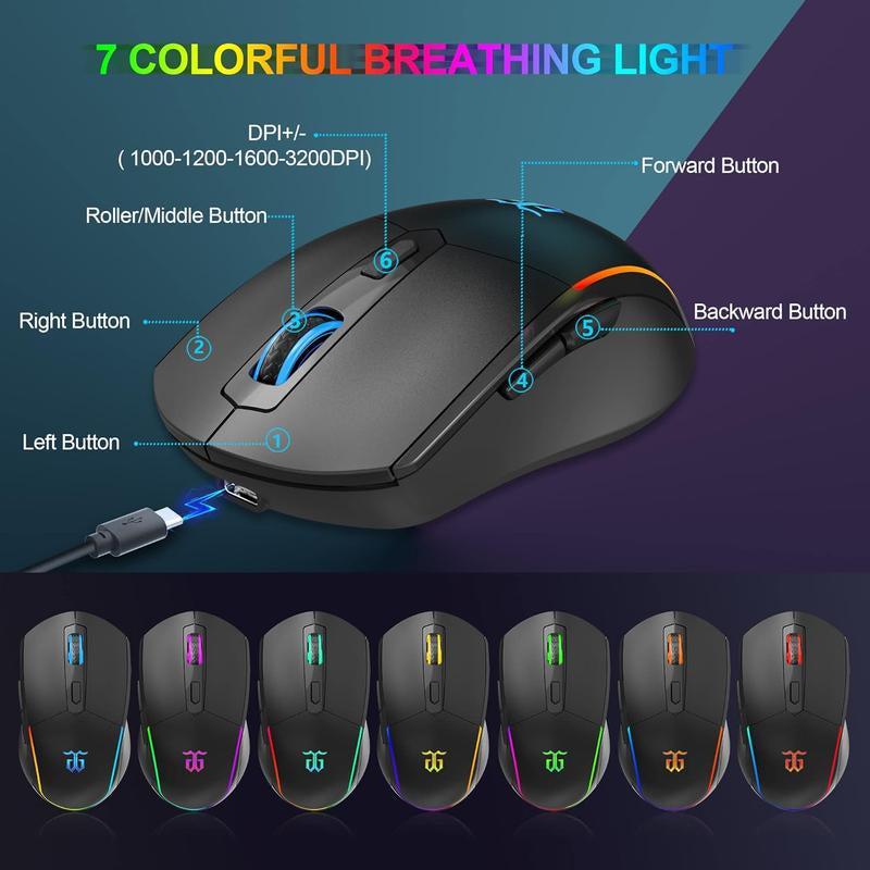 Snpurdiri 65% Wireless Gaming Keyboard and Mouse Combo,Led Backlit Rechargeable 2000Mah Battery,Small Membrane but Mechanical Keyboard + 6D 3200DPI Mice for Gaming,Business Office