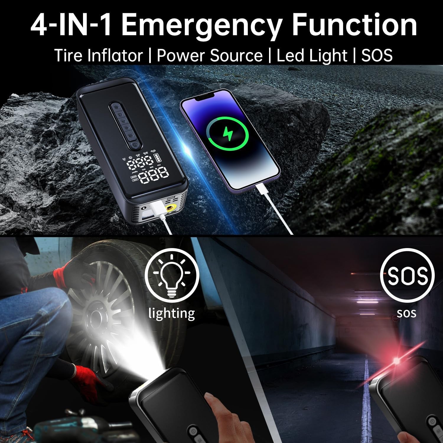 Tire Inflator Portable Air Compressor-4X Faster 150 PSI -Rechargeable Battery & 12V DC Dual Power Supply, Smart Air Pump for Car Motorcycle Bicycle Ball with LED SOS Lighting (Black)