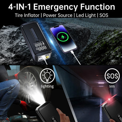 Tire Inflator Portable Air Compressor-4X Faster 150 PSI -Rechargeable Battery & 12V DC Dual Power Supply, Smart Air Pump for Car Motorcycle Bicycle Ball with LED SOS Lighting (Black)