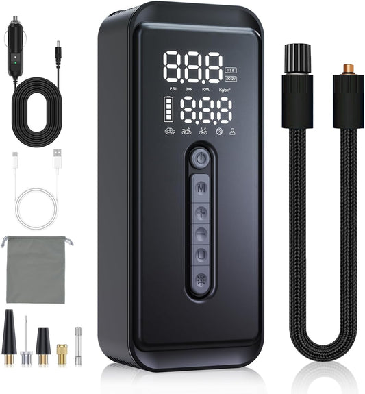 Tire Inflator Portable Air Compressor-4X Faster 150 PSI -Rechargeable Battery & 12V DC Dual Power Supply, Smart Air Pump for Car Motorcycle Bicycle Ball with LED SOS Lighting (Black)