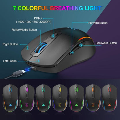 Snpurdiri 65% Wireless Gaming Keyboard and Mouse Combo,Led Backlit Rechargeable 2000Mah Battery,Small Membrane but Mechanical Keyboard + 6D 3200DPI Mice for Gaming,Business Office